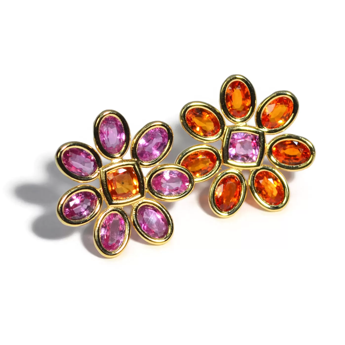 A & Furst - Fiori - Mismatched Button Earrings with Pink and Orange Sapphires, 18k Yellow Gold