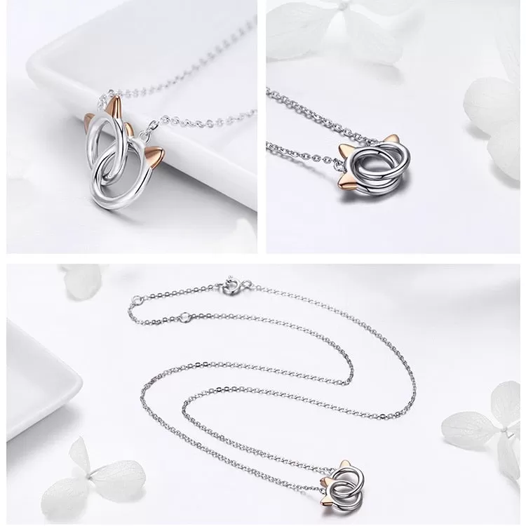 Adorable Double Cat Circles S925 Silver Necklaces