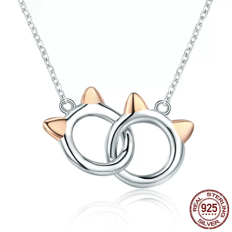 Adorable Double Cat Circles S925 Silver Necklaces