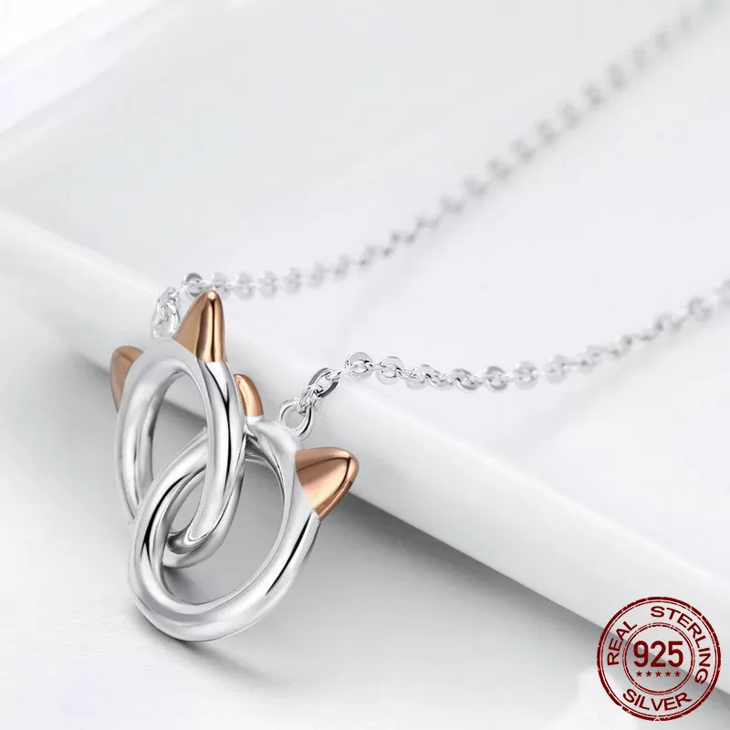 Adorable Double Cat Circles S925 Silver Necklaces