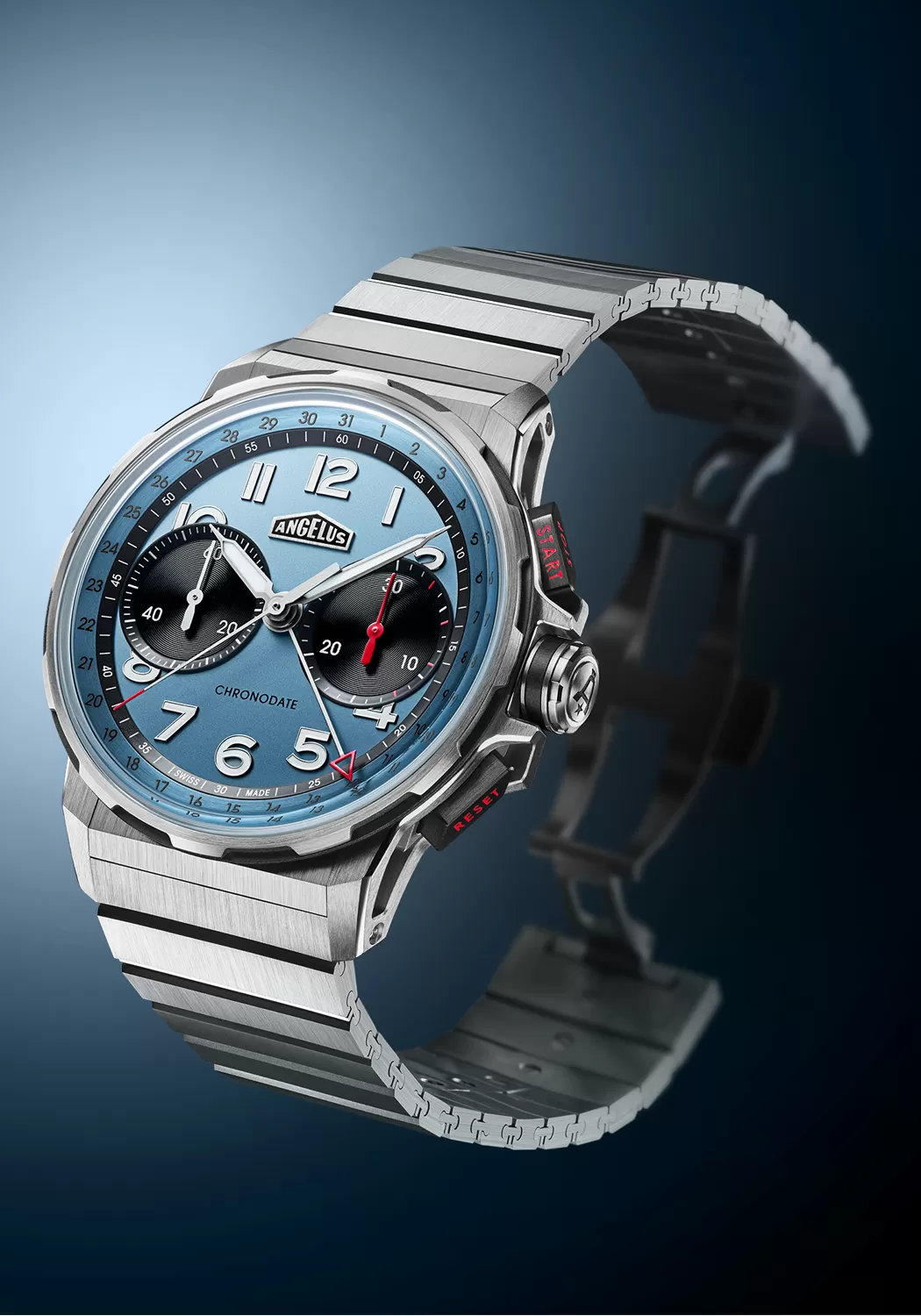 Angelus Chronodate Titanium Storm Blue on Bracelet | LE25