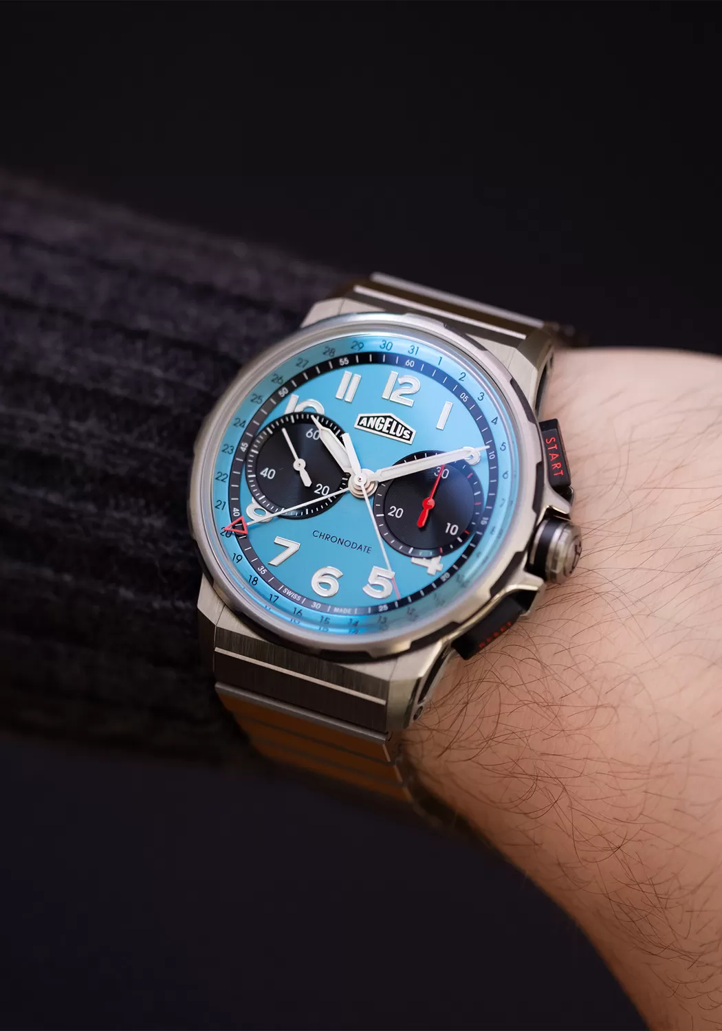 Angelus Chronodate Titanium Storm Blue on Bracelet | LE25