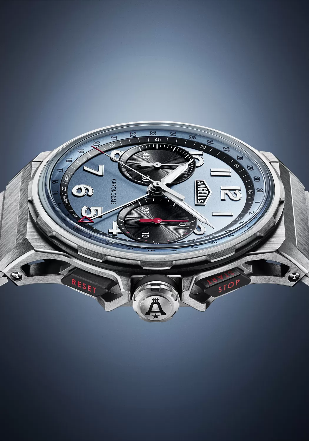 Angelus Chronodate Titanium Storm Blue on Bracelet | LE25