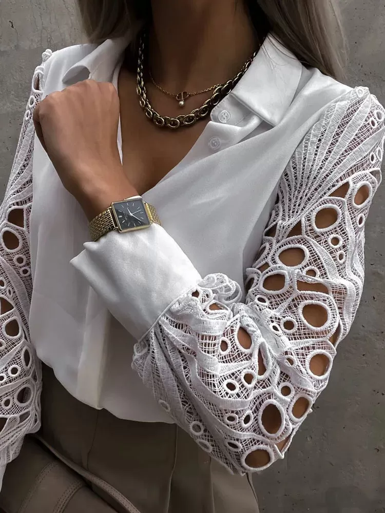 Autumn White Sexy Lace Hollow Out 2023 Vintage Button Up Long Sleeve Mesh Design Elegant Top