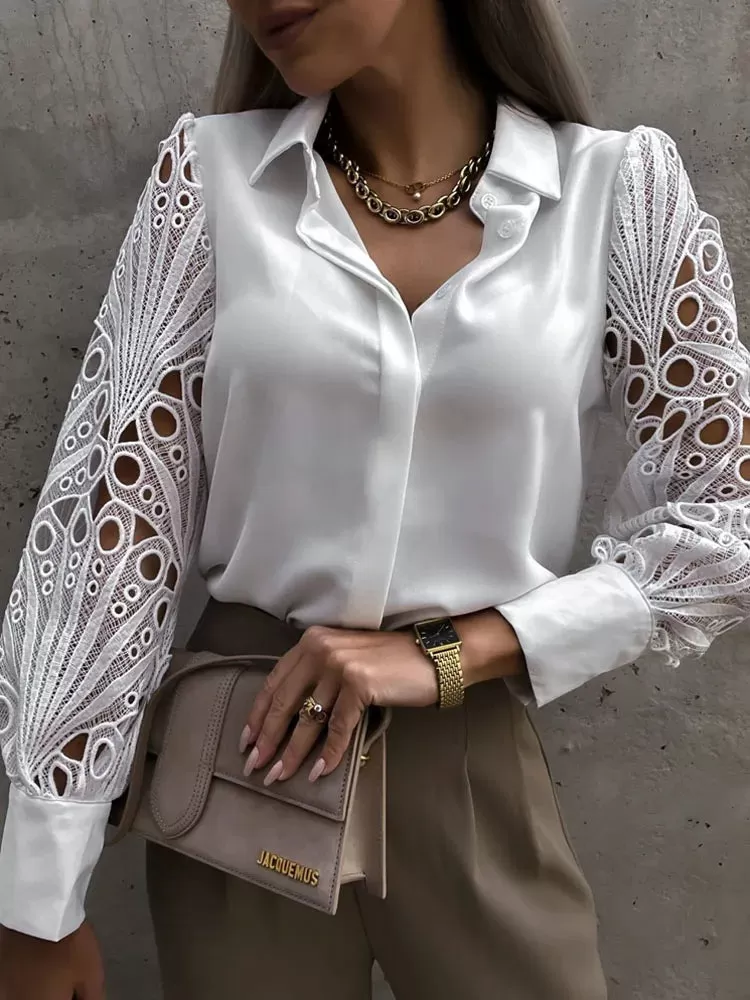 Autumn White Sexy Lace Hollow Out 2023 Vintage Button Up Long Sleeve Mesh Design Elegant Top