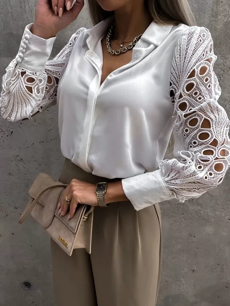 Autumn White Sexy Lace Hollow Out 2023 Vintage Button Up Long Sleeve Mesh Design Elegant Top