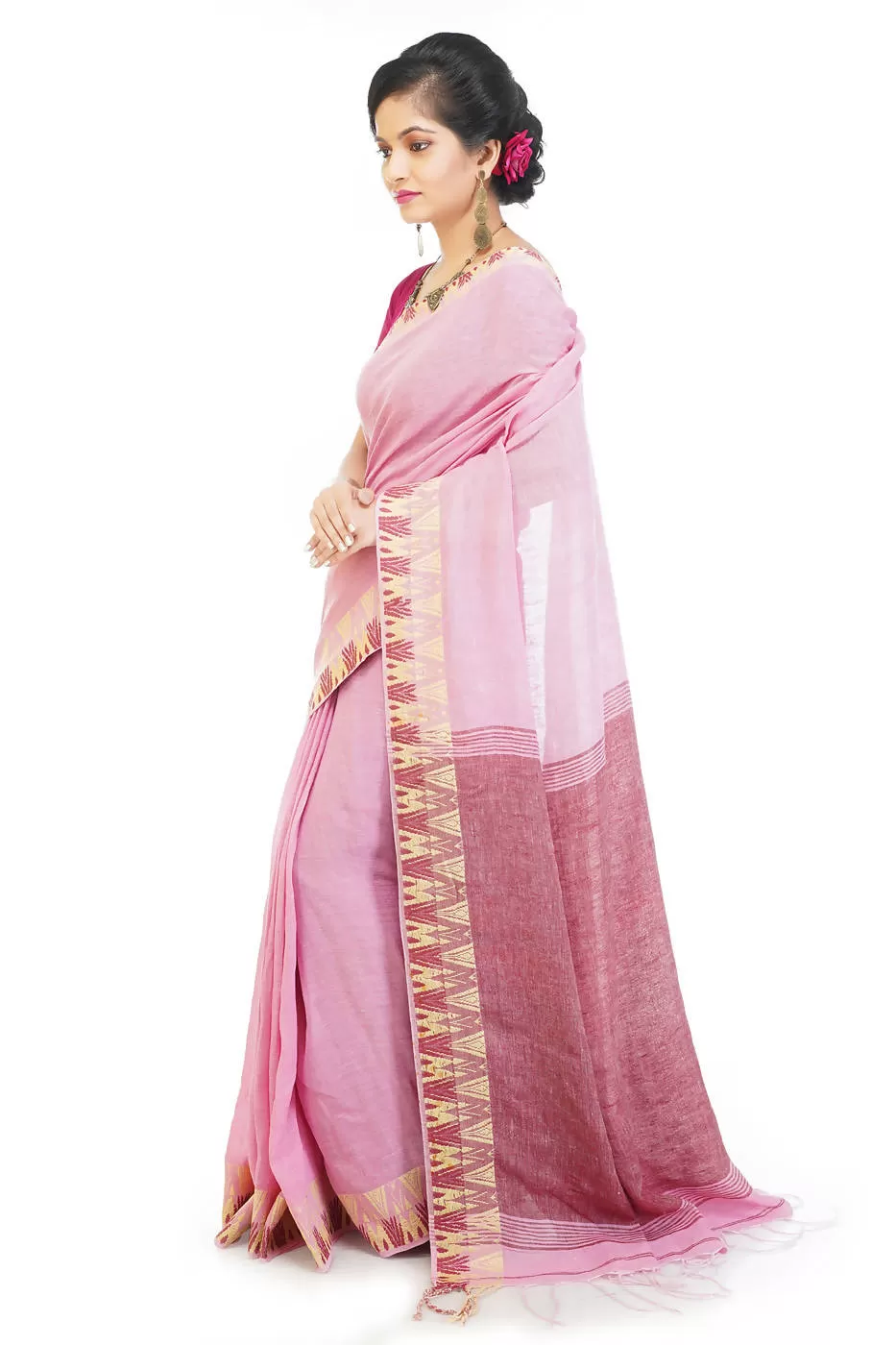 Baby pink handloom bengal cotton and linen saree