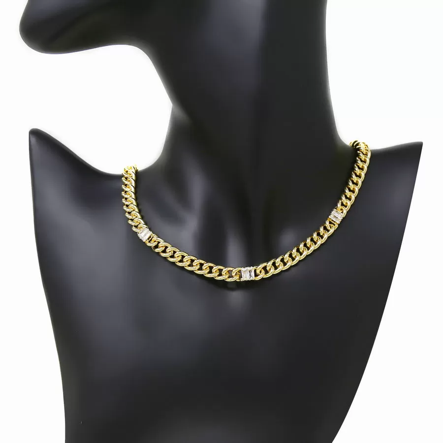 Baguette Cut CZ Stone Station Curb Chain Short Necklace