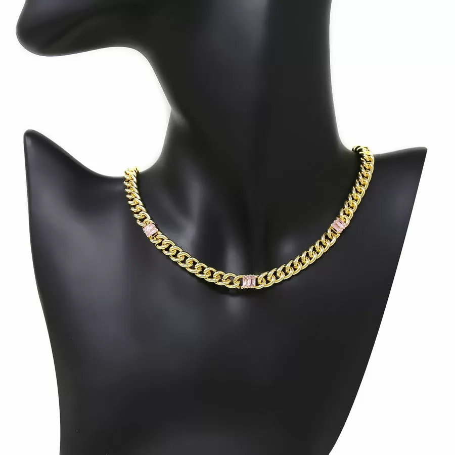 Baguette Cut CZ Stone Station Curb Chain Short Necklace