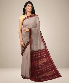 Beige dark red cotton handwoven nuapatna saree