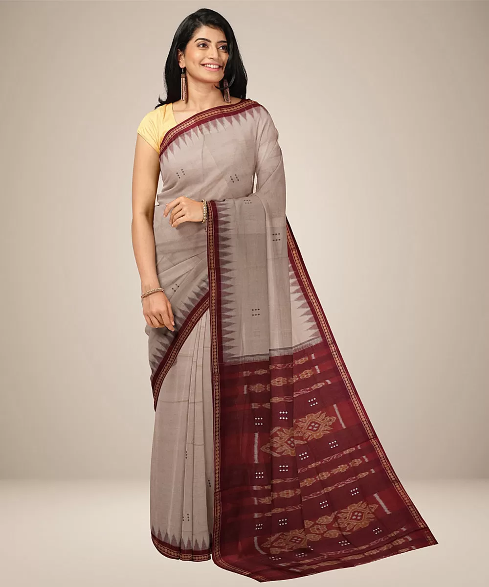 Beige dark red cotton handwoven nuapatna saree