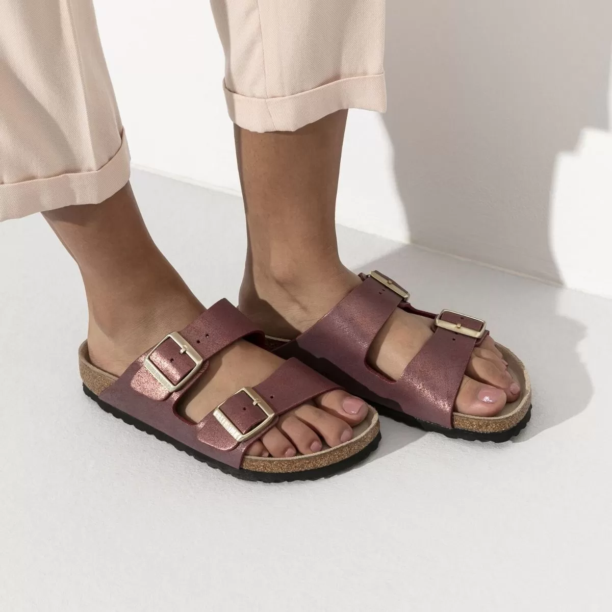 Birkenstock Arizona Leather Washed Metallic Port Sandals