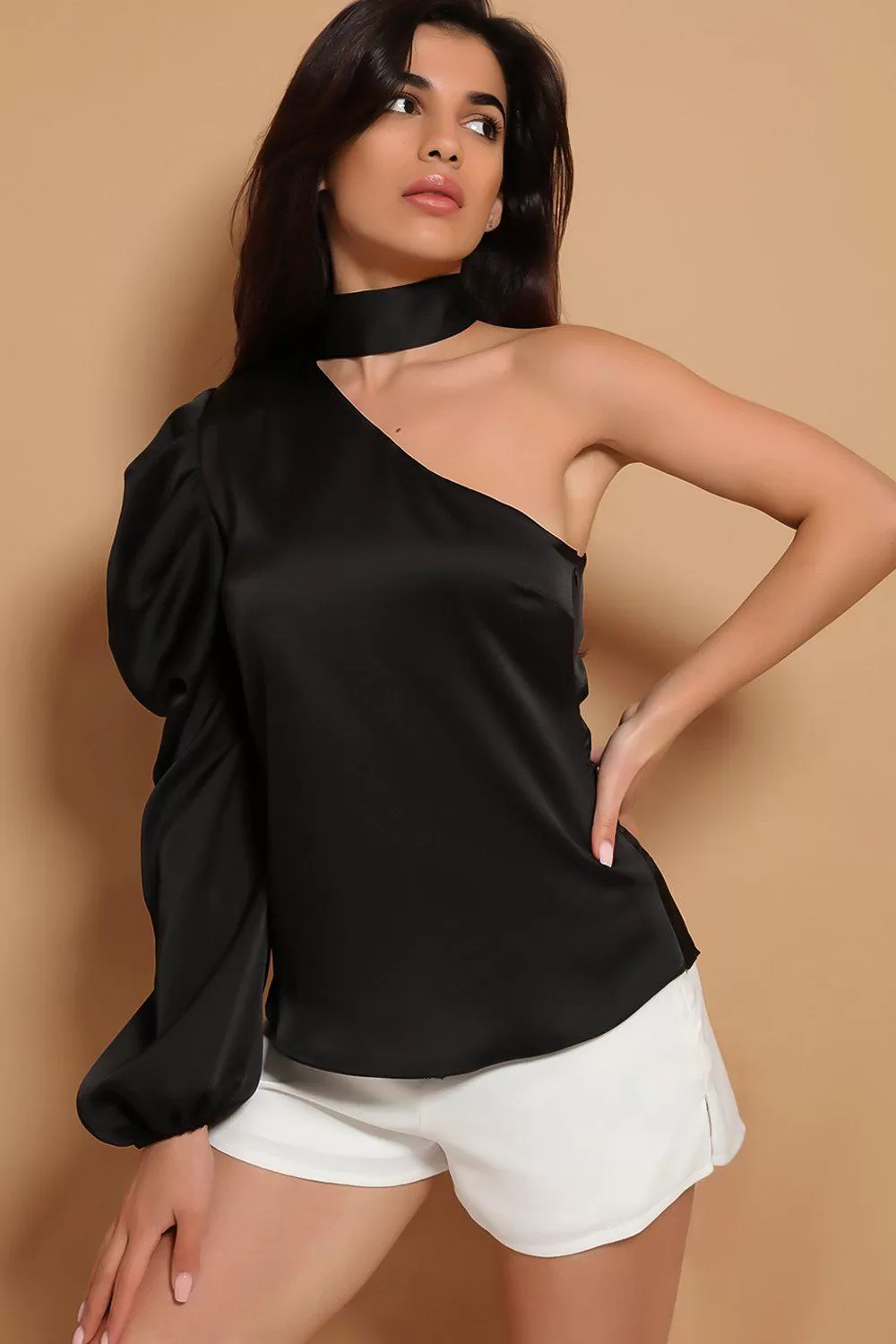 Black One Sleeve Choker Neck Satin Blouse