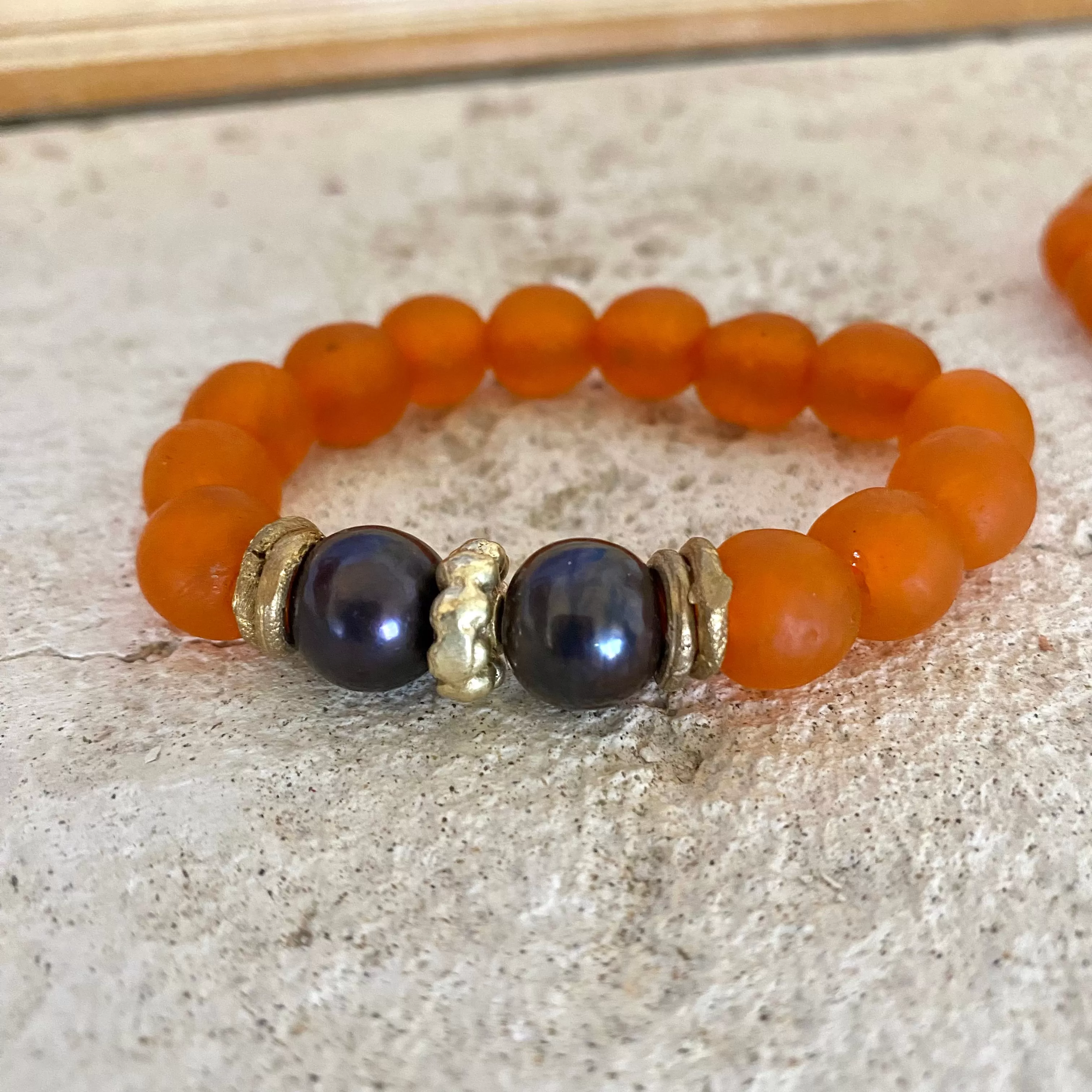 Black Pearl Bracelet, Orange African Tribal Recycled Glass, Sea Glass Beaded Chunky Bracelet