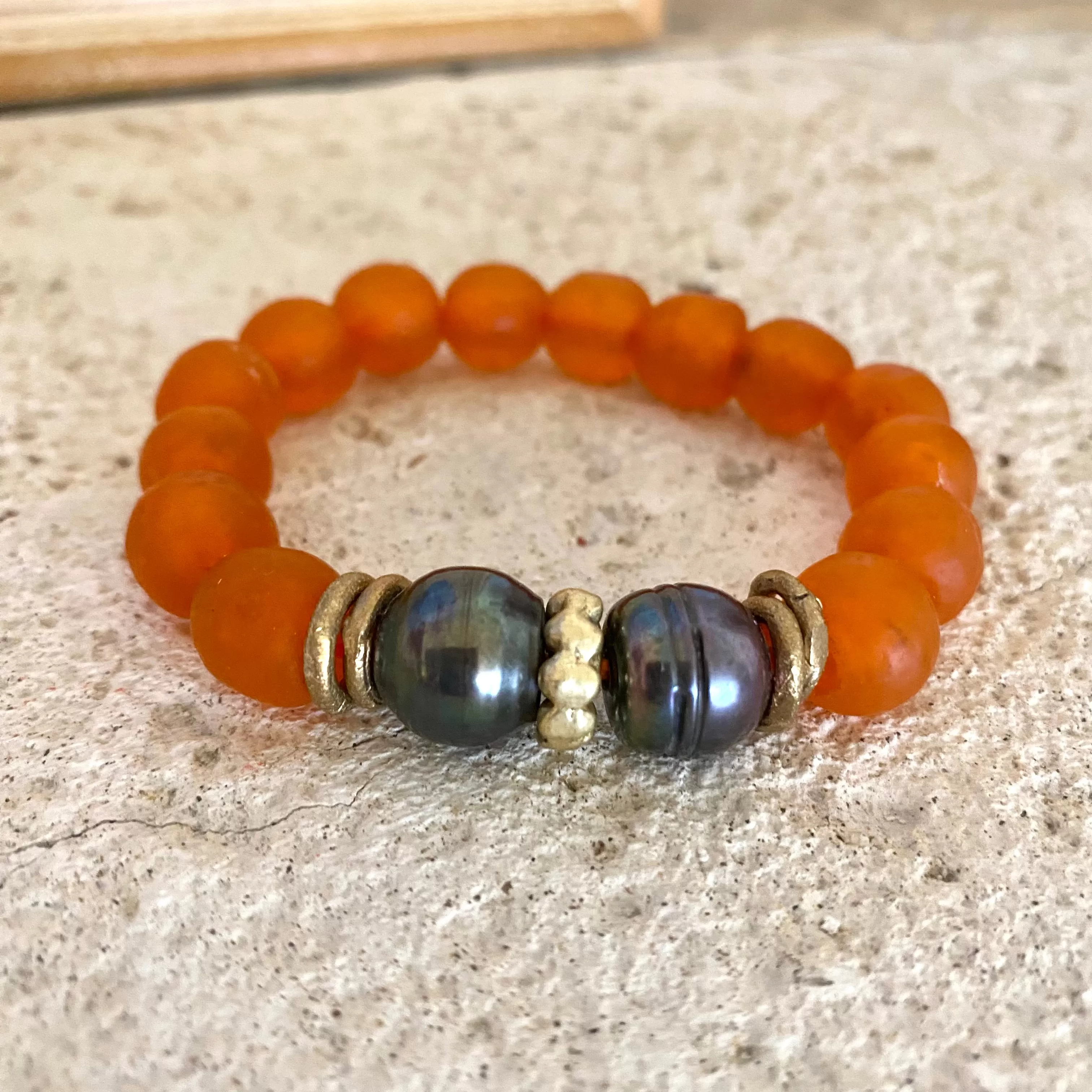 Black Pearl Bracelet, Orange African Tribal Recycled Glass, Sea Glass Beaded Chunky Bracelet