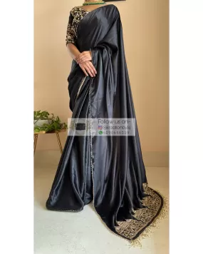 Black Satin Silk Taj Mahal Saree