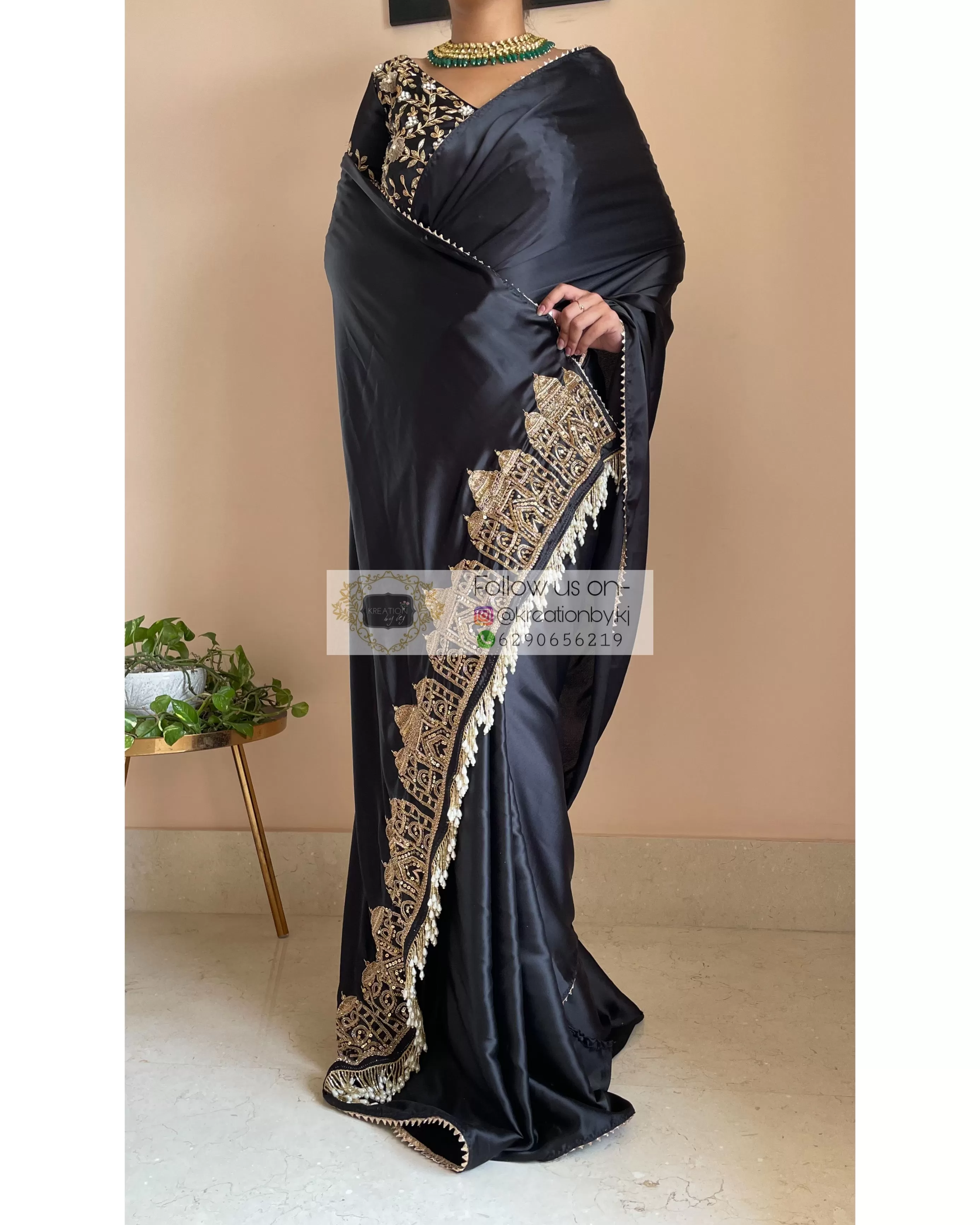 Black Satin Silk Taj Mahal Saree