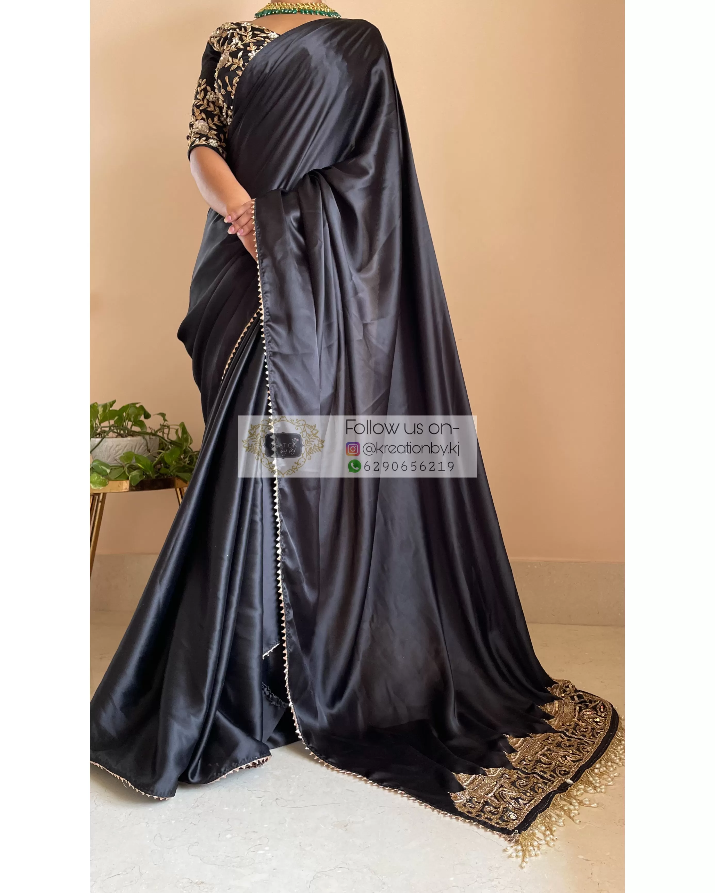 Black Satin Silk Taj Mahal Saree