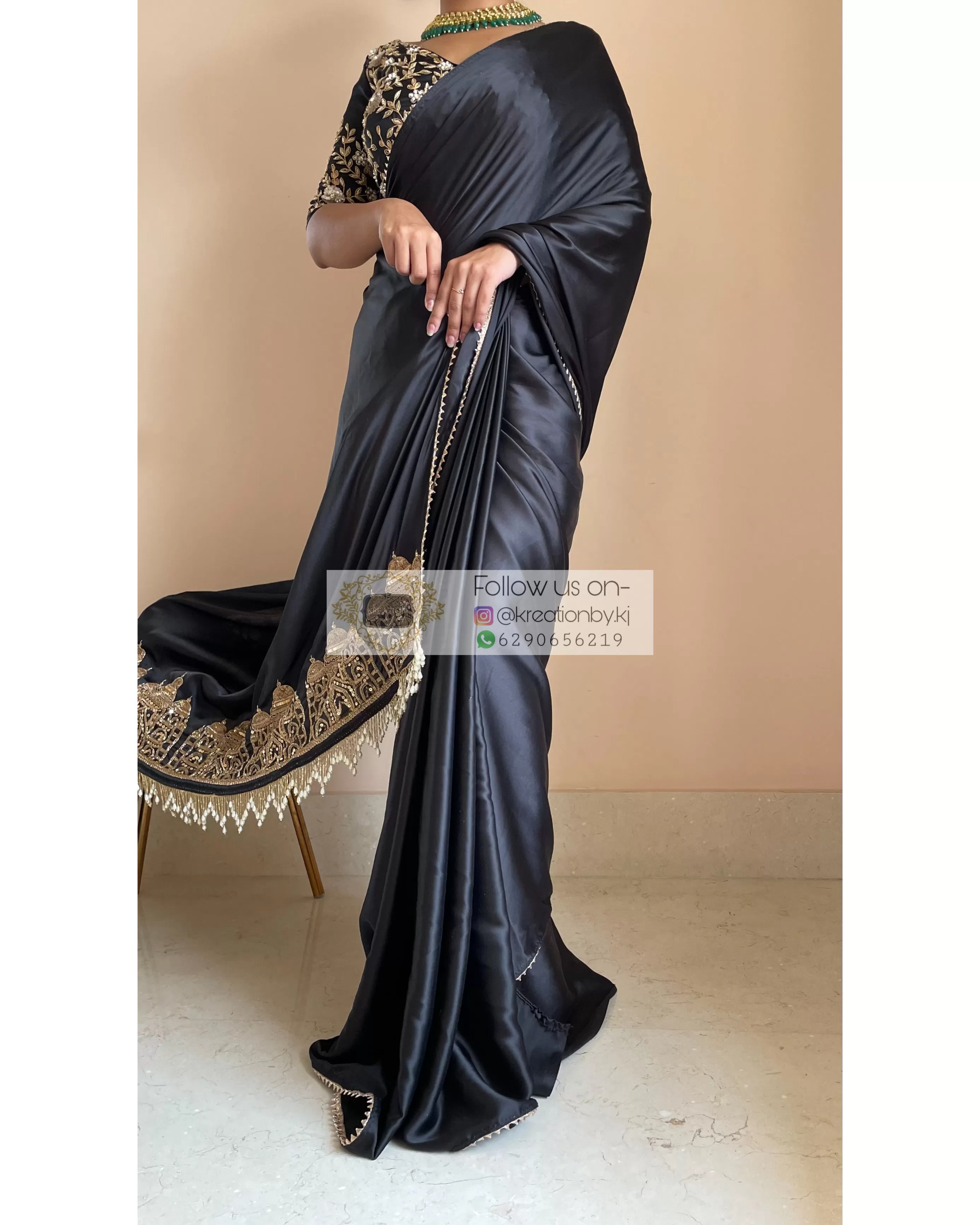 Black Satin Silk Taj Mahal Saree