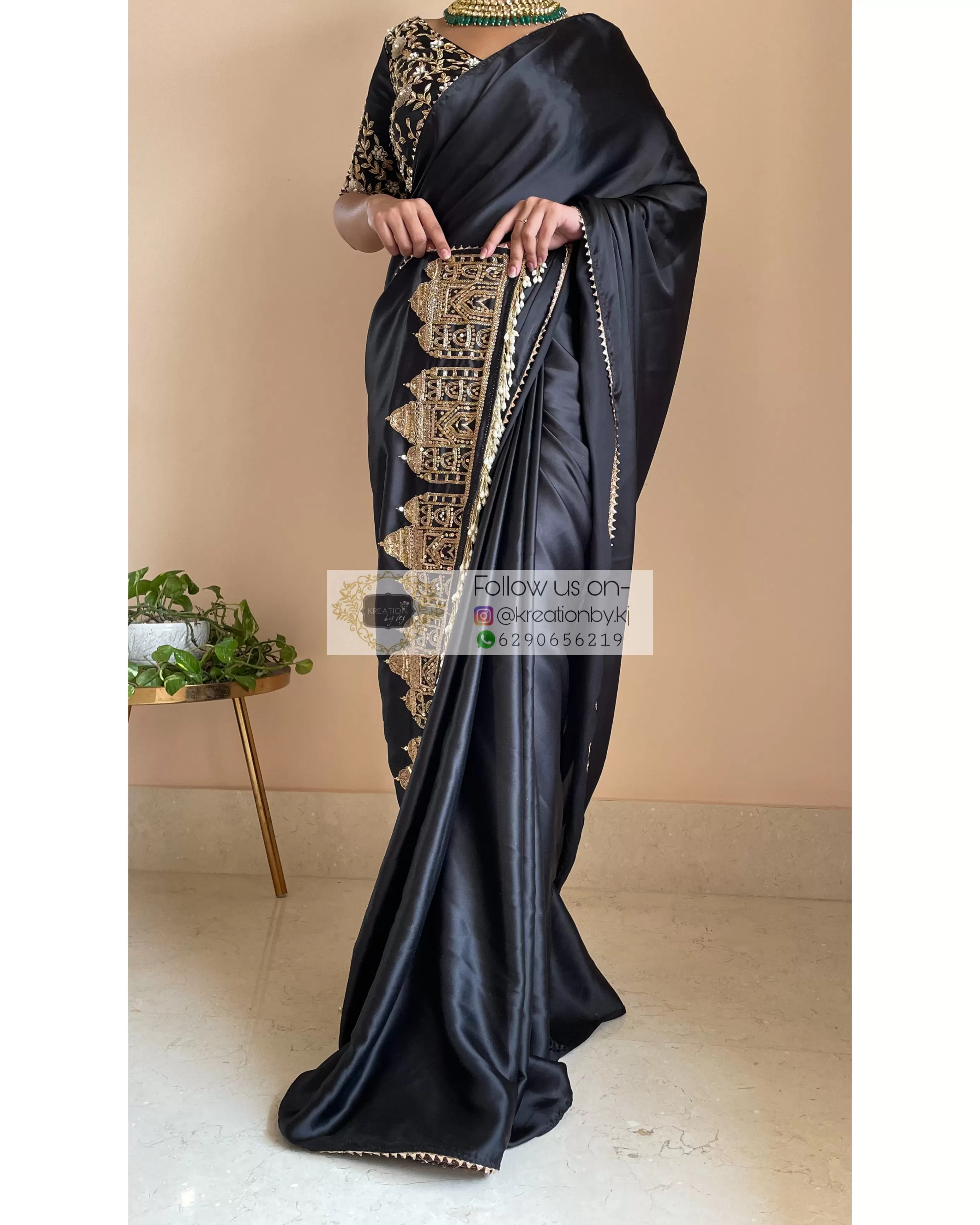 Black Satin Silk Taj Mahal Saree