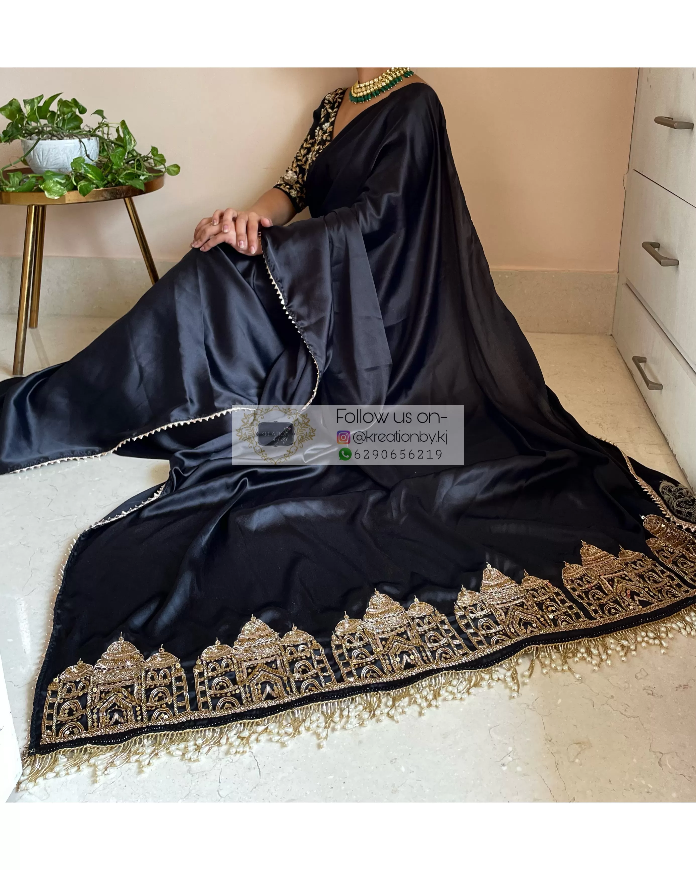 Black Satin Silk Taj Mahal Saree