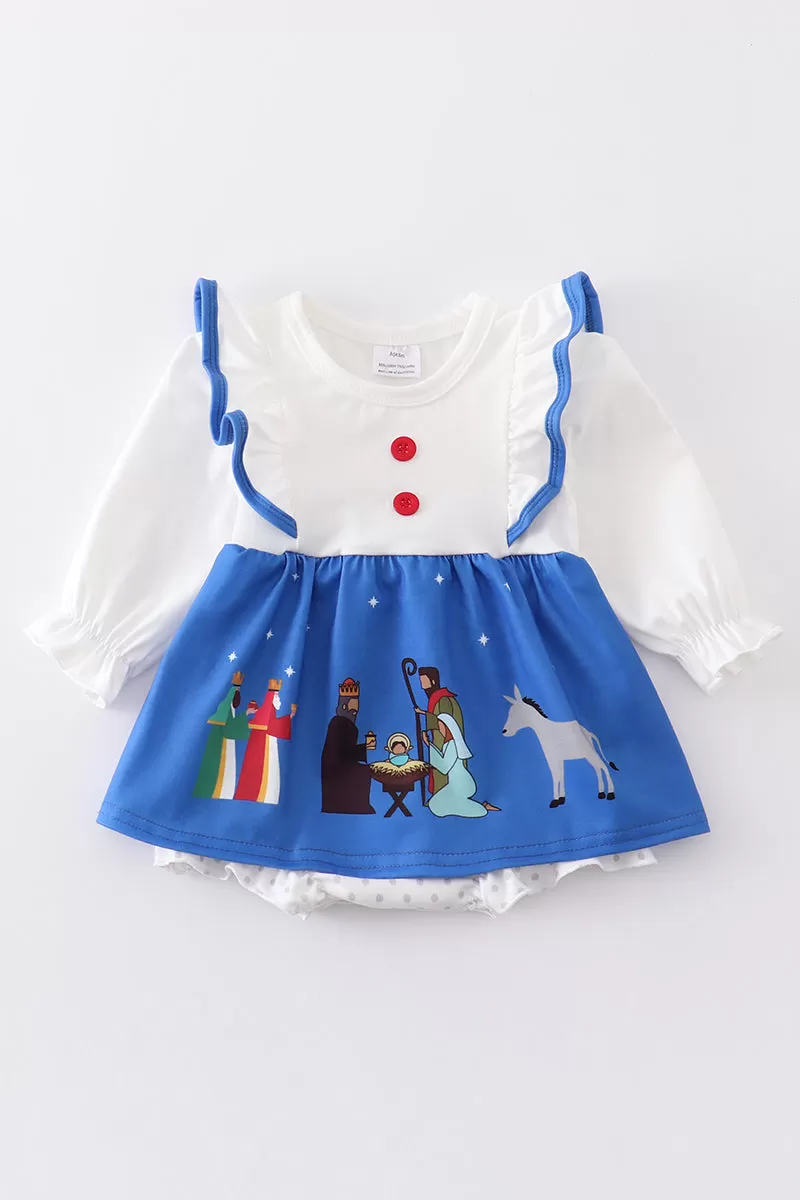 Blue nativity ruffle girl bubble