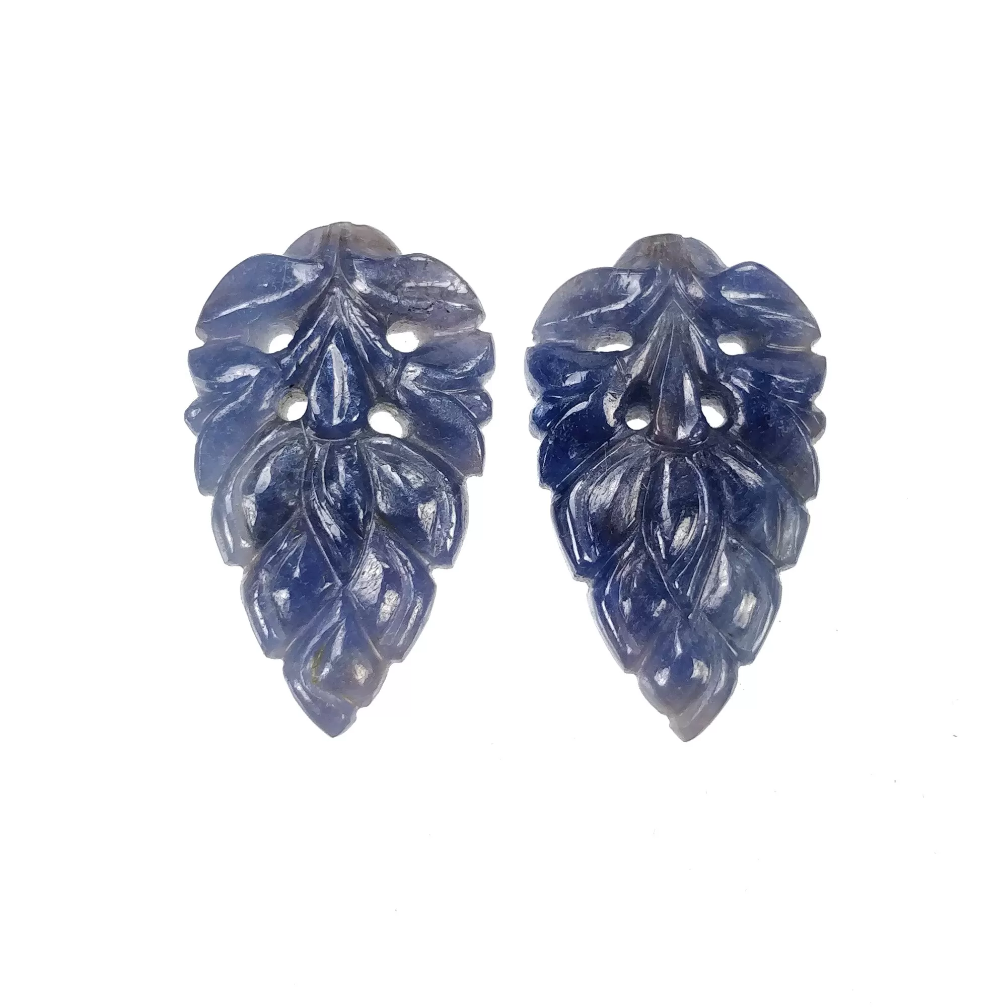 BLUE SAPPHIRE Gemstone Carving : 26.00cts Natural Untreated Unheated Sapphire Hand Carved Leaf 25*15mm Pair (With Video)