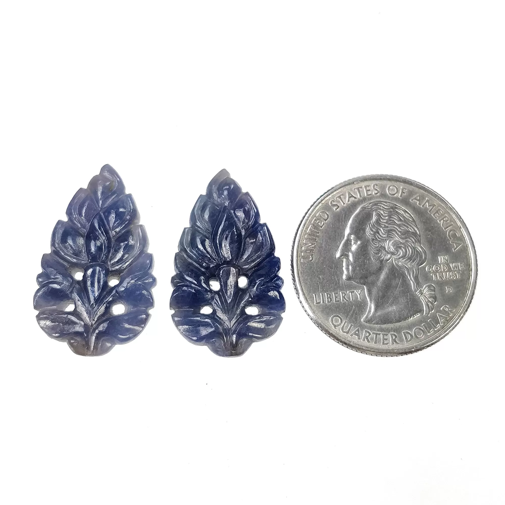 BLUE SAPPHIRE Gemstone Carving : 26.00cts Natural Untreated Unheated Sapphire Hand Carved Leaf 25*15mm Pair (With Video)