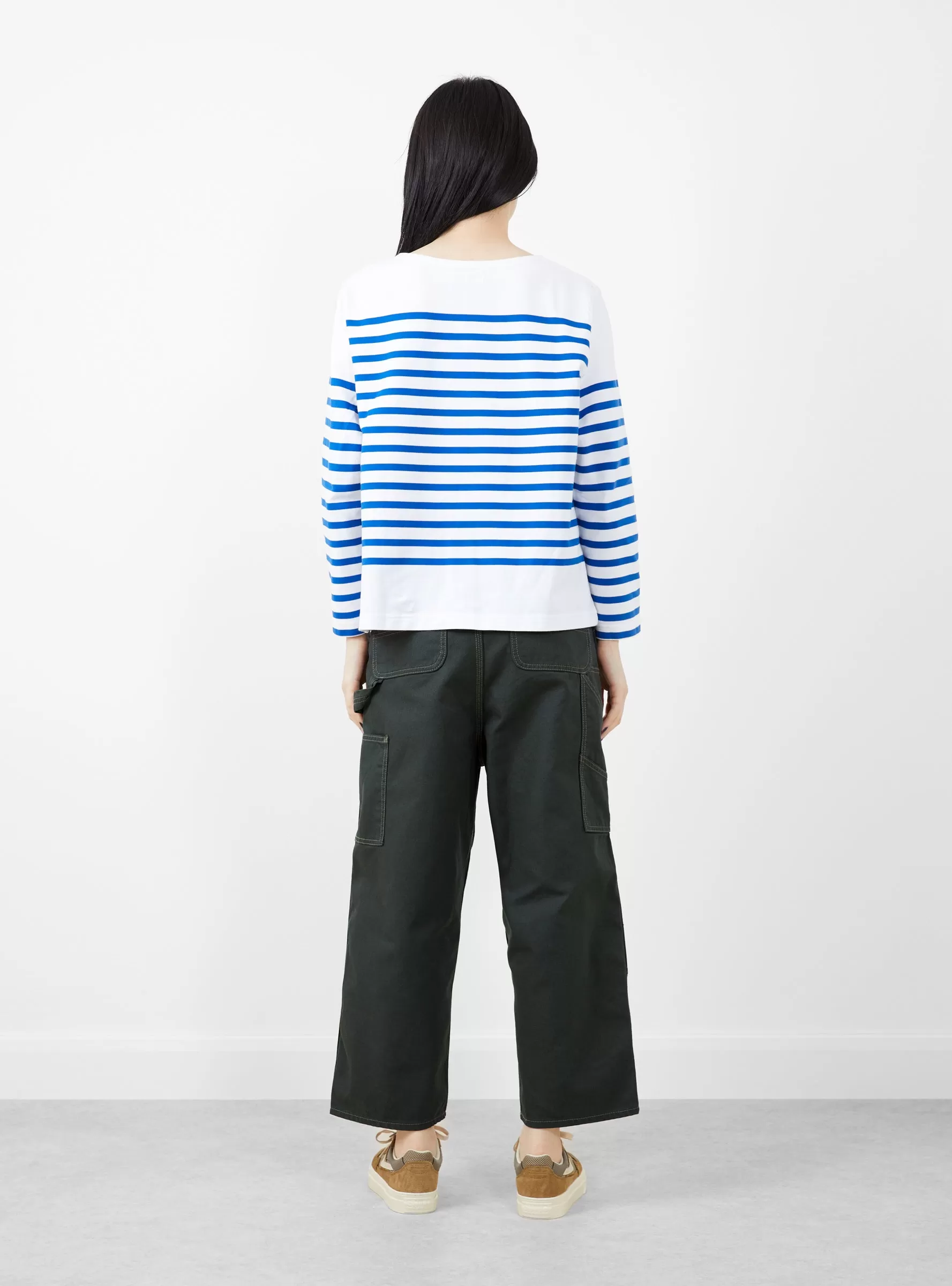 Boat Neck Striped Long Sleeve Tee White/Blue