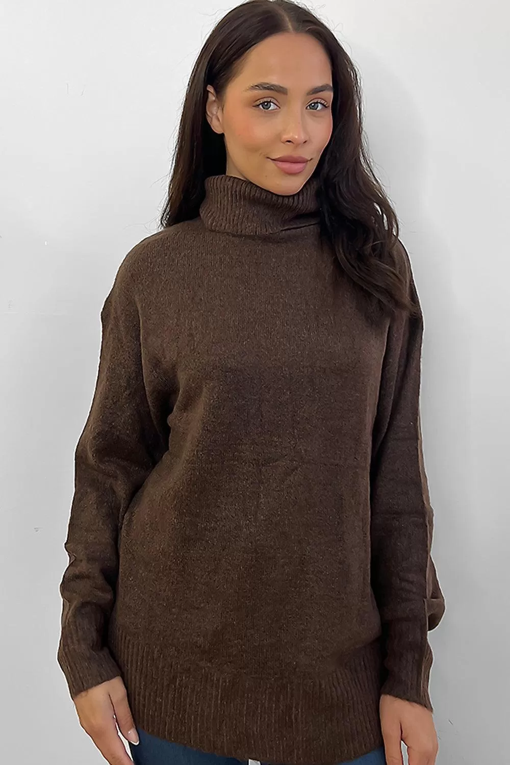 Brown High Turtle Neck Oversized Pullover