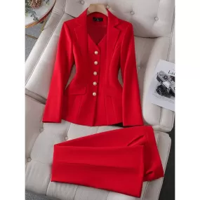 CAROLINE SUITS Women's Elegant Stylish Fashion Office Blazer Jacket & Pants Red Suit Set with Size Chart Guide