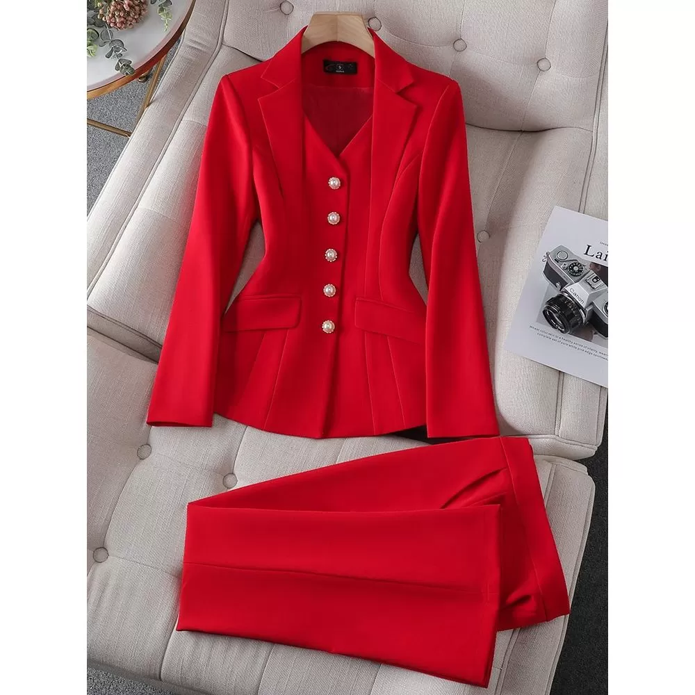 CAROLINE SUITS Women's Elegant Stylish Fashion Office Blazer Jacket & Pants Red Suit Set with Size Chart Guide