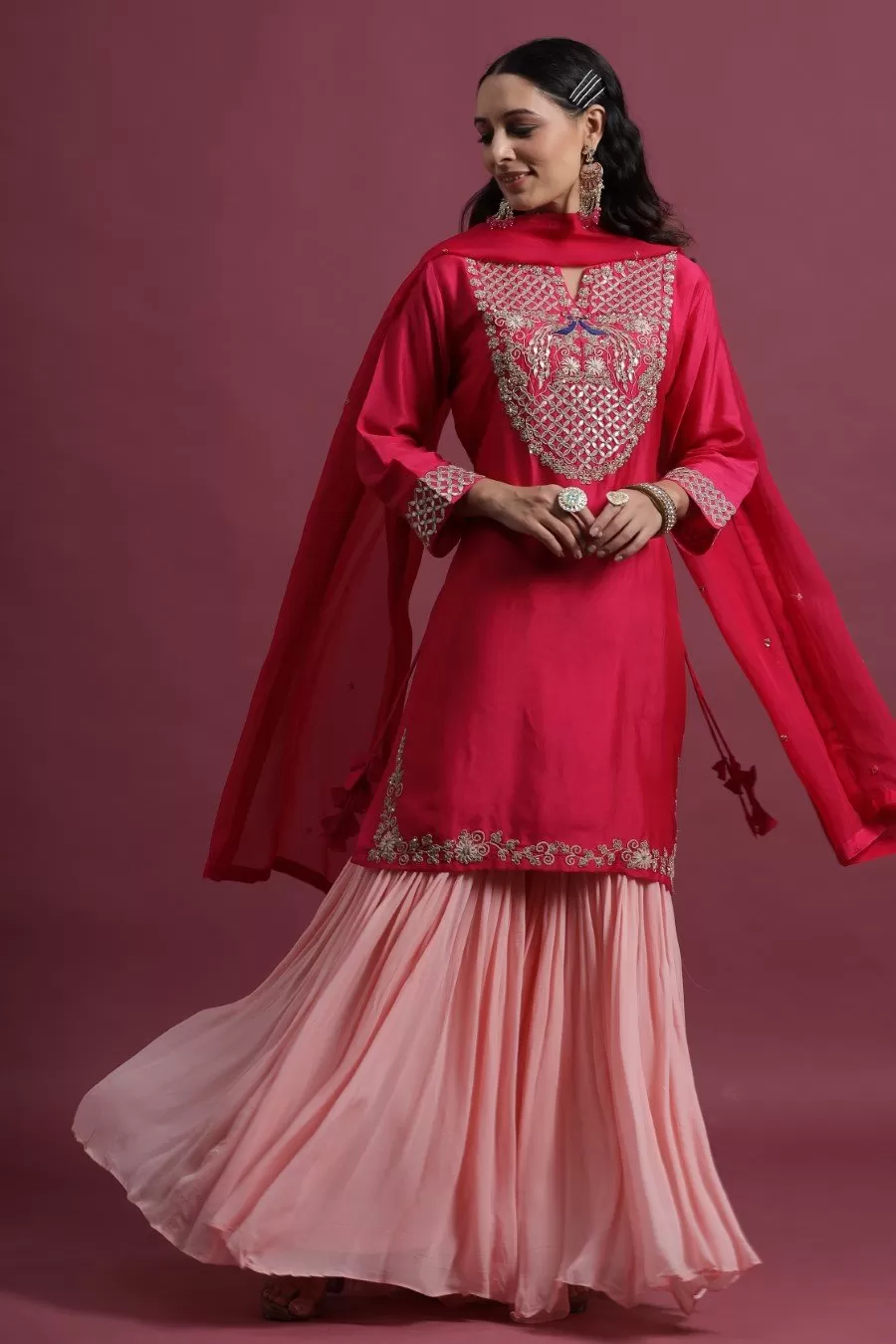 Cerise Pink Peacock Embroidered Sharara Set