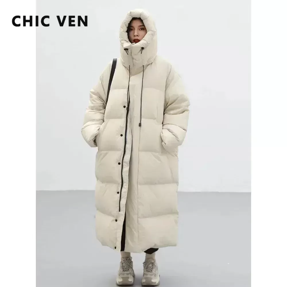 CHIC VEN Women's Down Coats Korean Loose Hooded Thick Warm Long Down Jacket Winter Coat for Women Female Parkas Outerwears 2023