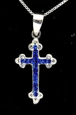 Christian Cross Pendant Sterling Silver 925 With Crystal & Blue Gemstone