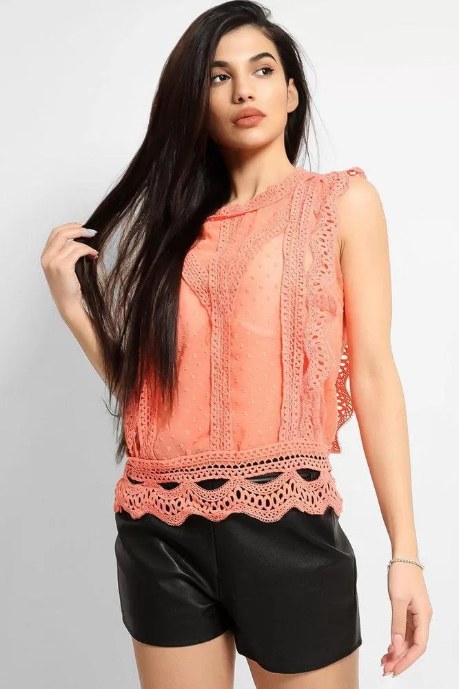 Coral Dobby Mesh Crochet Lace Trims Blouse