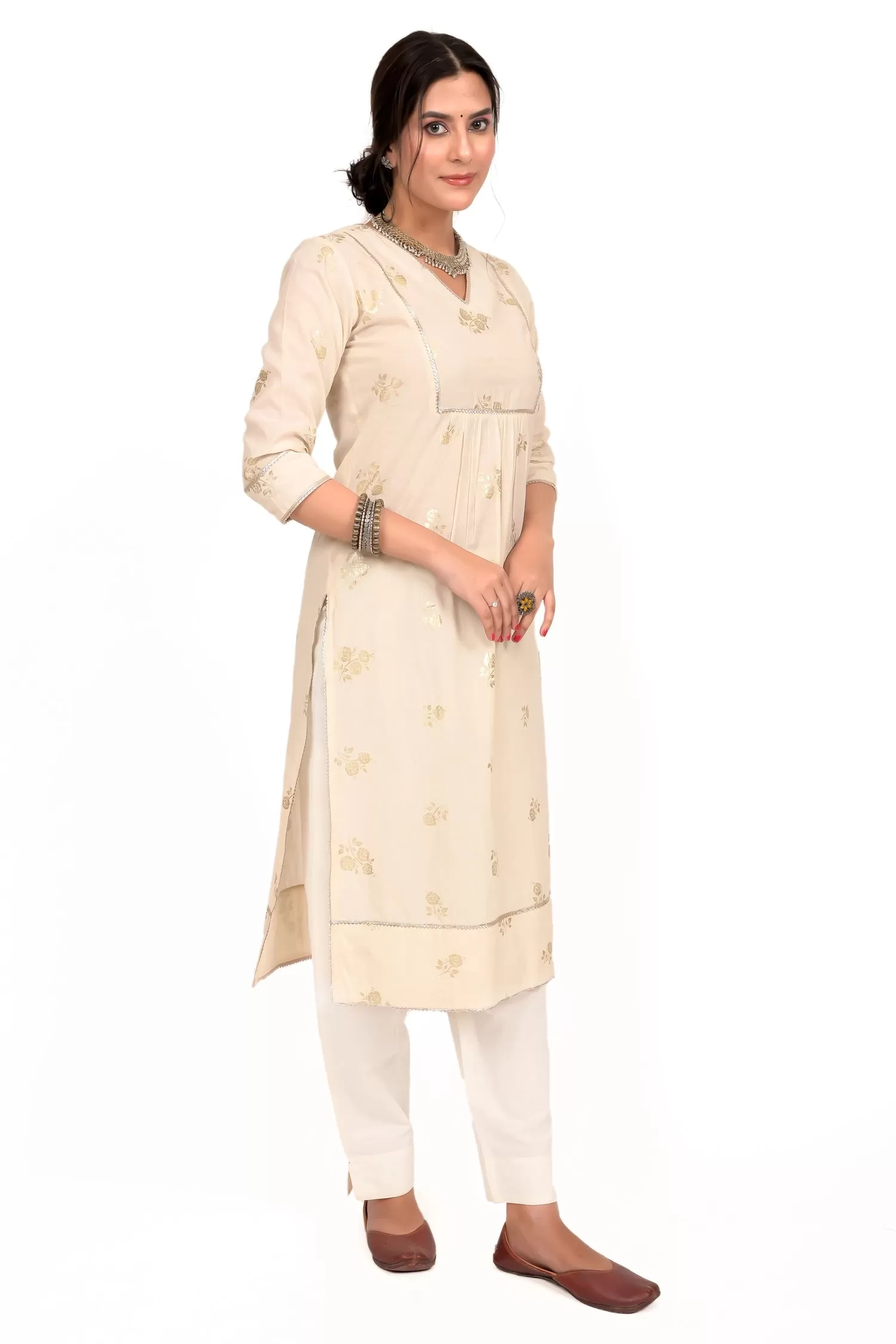 Cream Foil Print Cotton Kurta