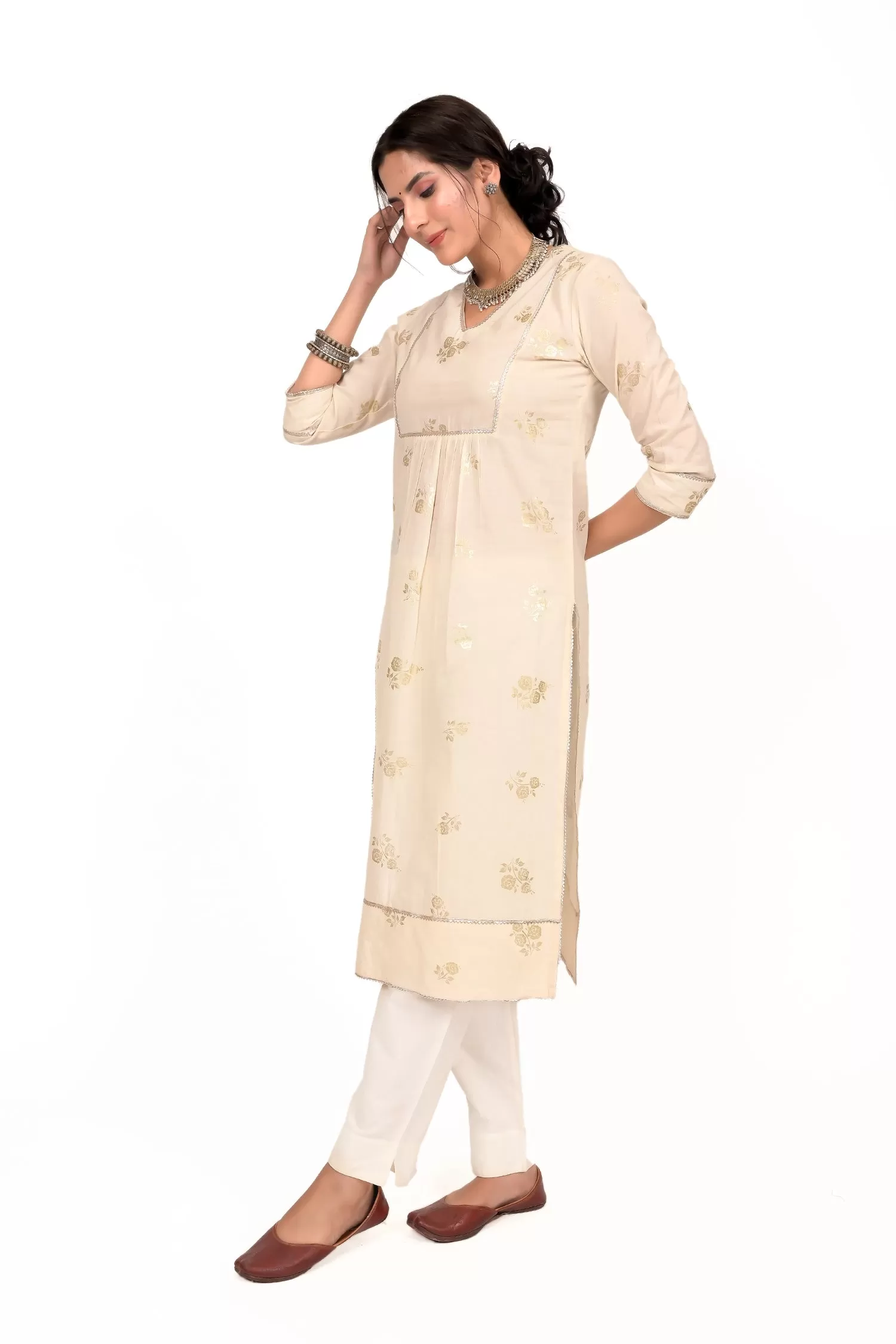 Cream Foil Print Cotton Kurta