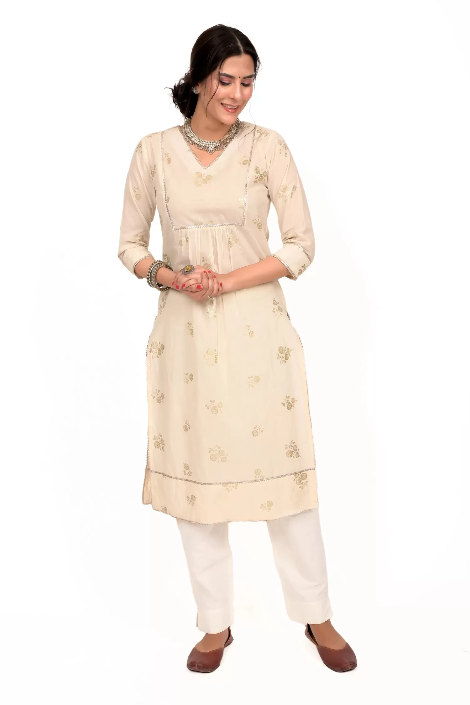 Cream Foil Print Cotton Kurta