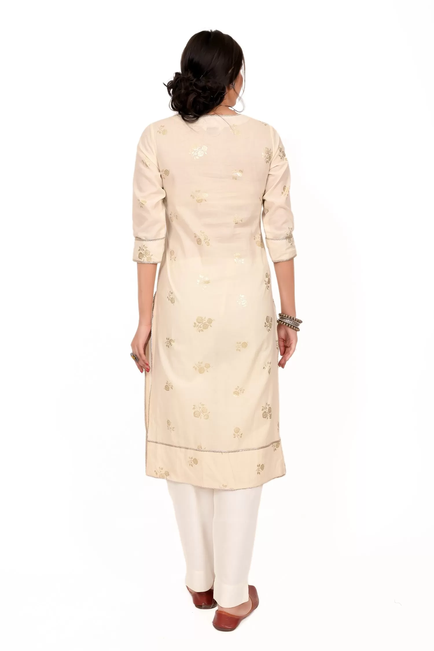 Cream Foil Print Cotton Kurta