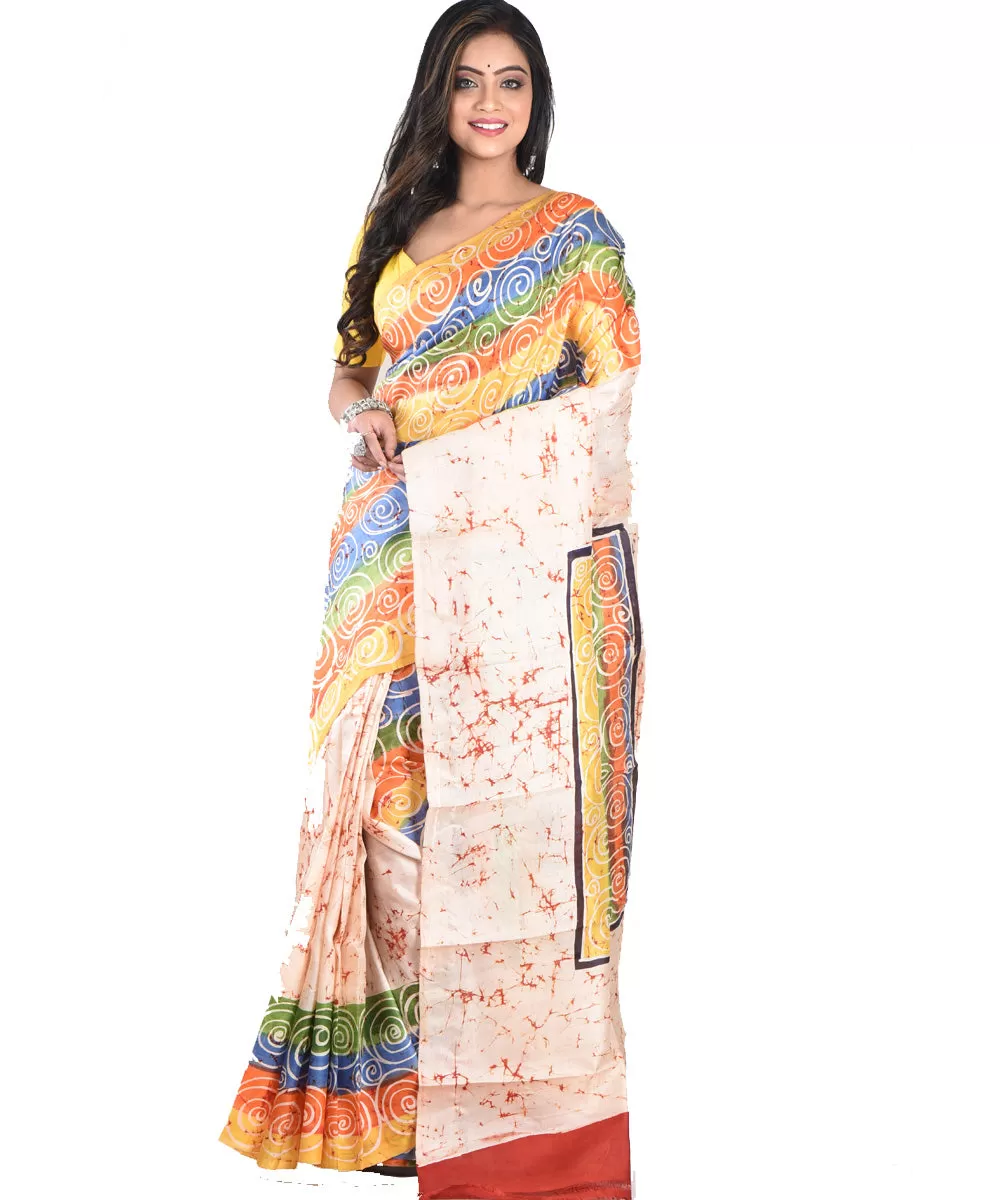 Cream multicolor silk handloom batik print saree