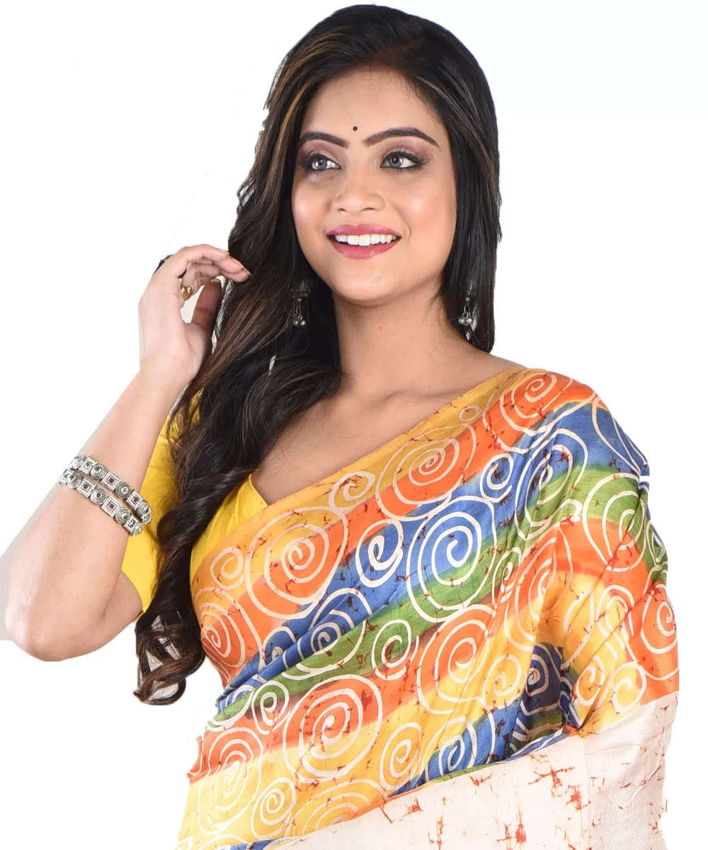 Cream multicolor silk handloom batik print saree