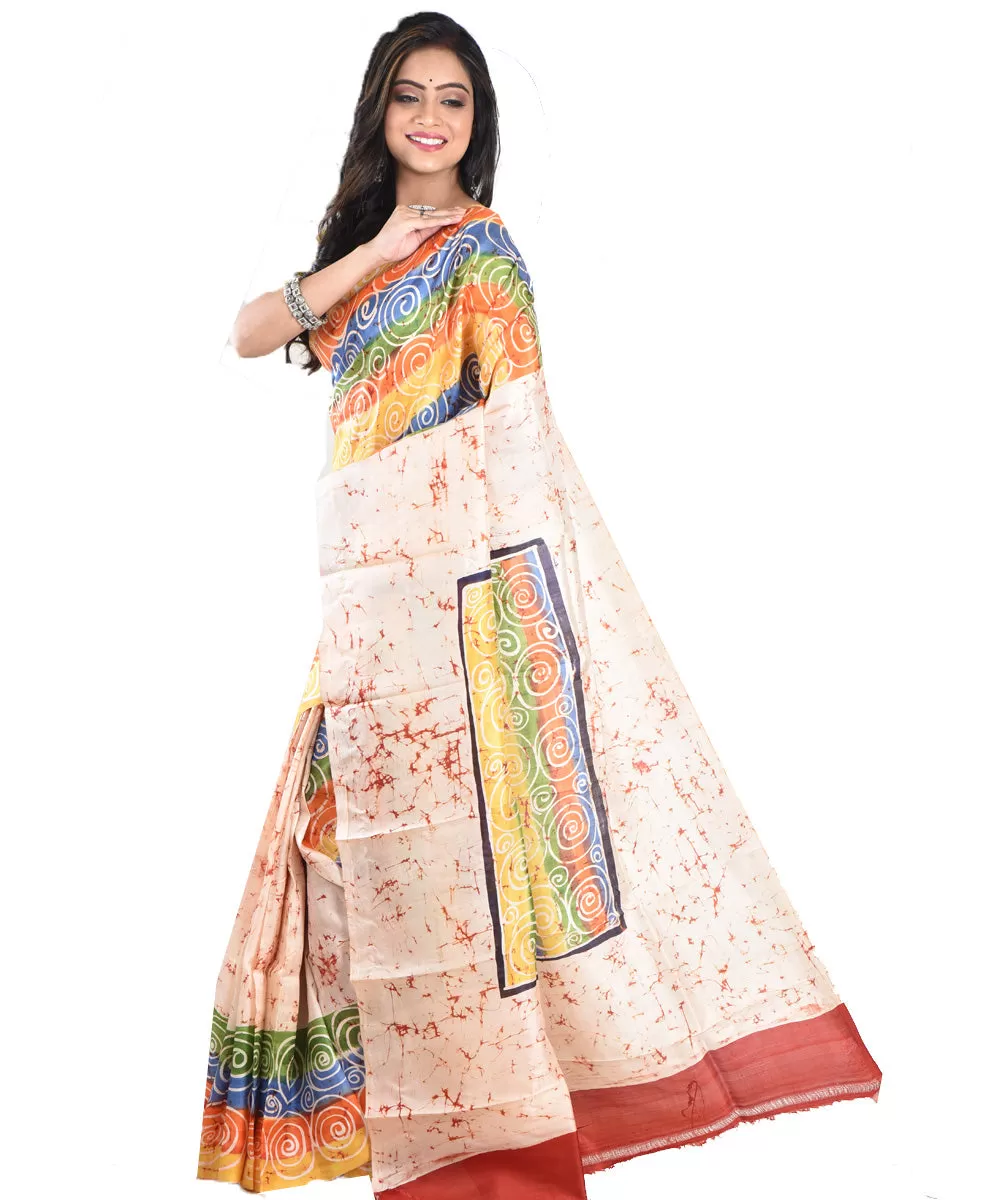 Cream multicolor silk handloom batik print saree