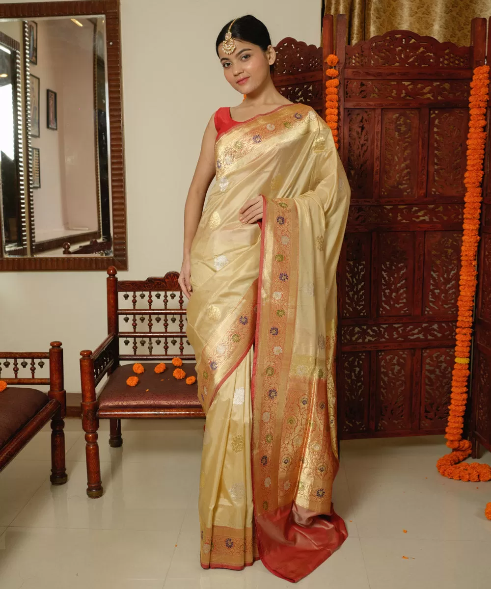 Cream red silk handwoven banarasi saree