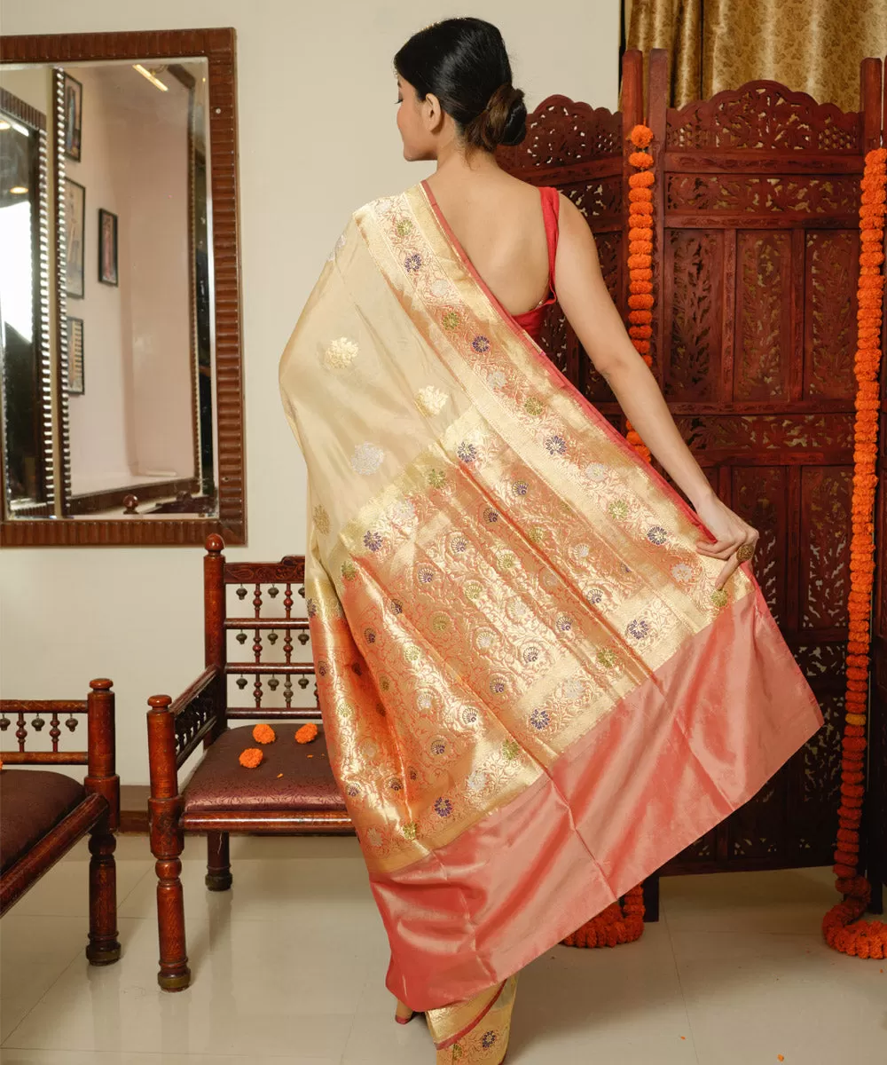 Cream red silk handwoven banarasi saree