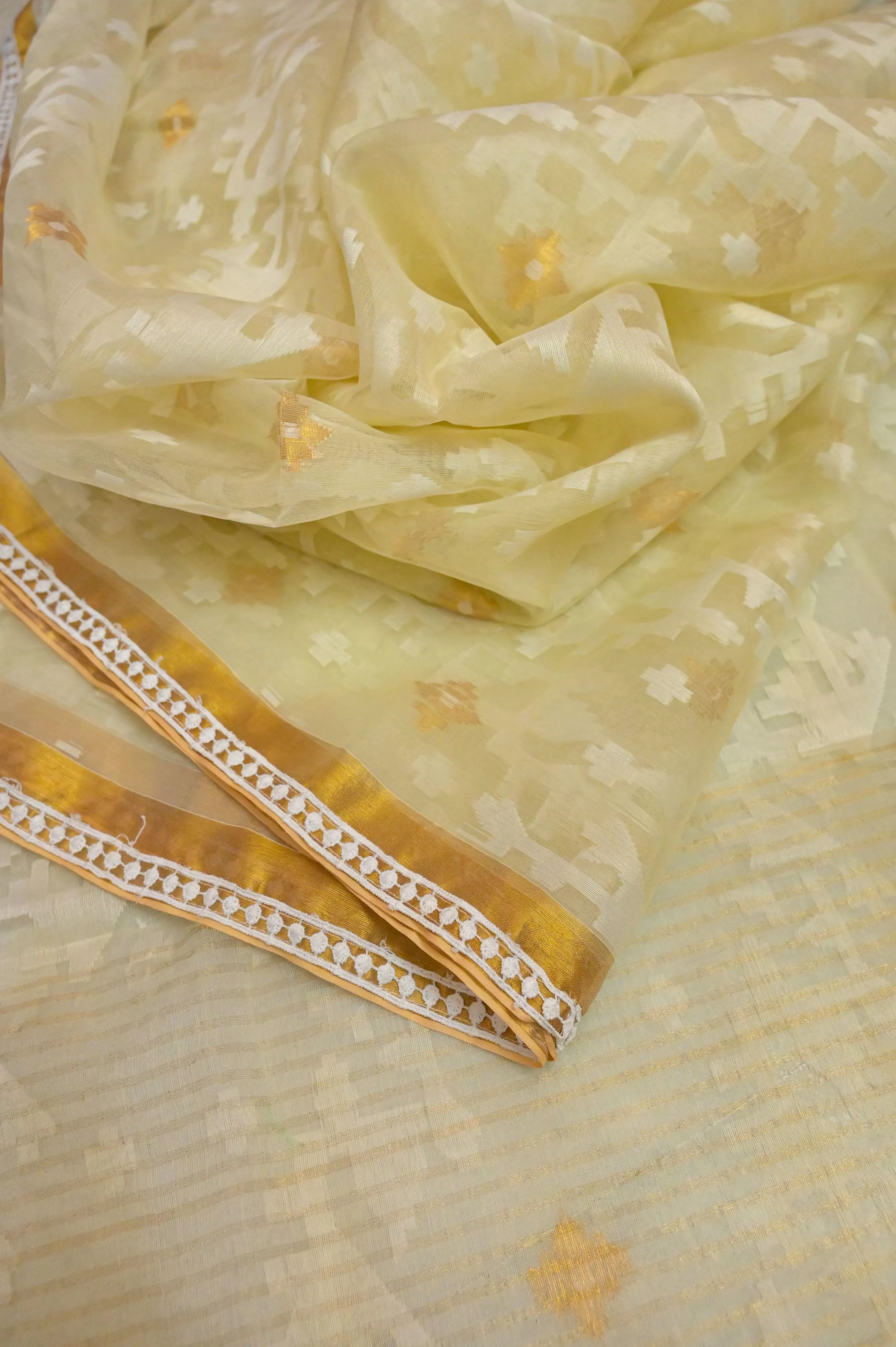 Cream Yellow Color Jamdani Saree with Zari and Lace Work