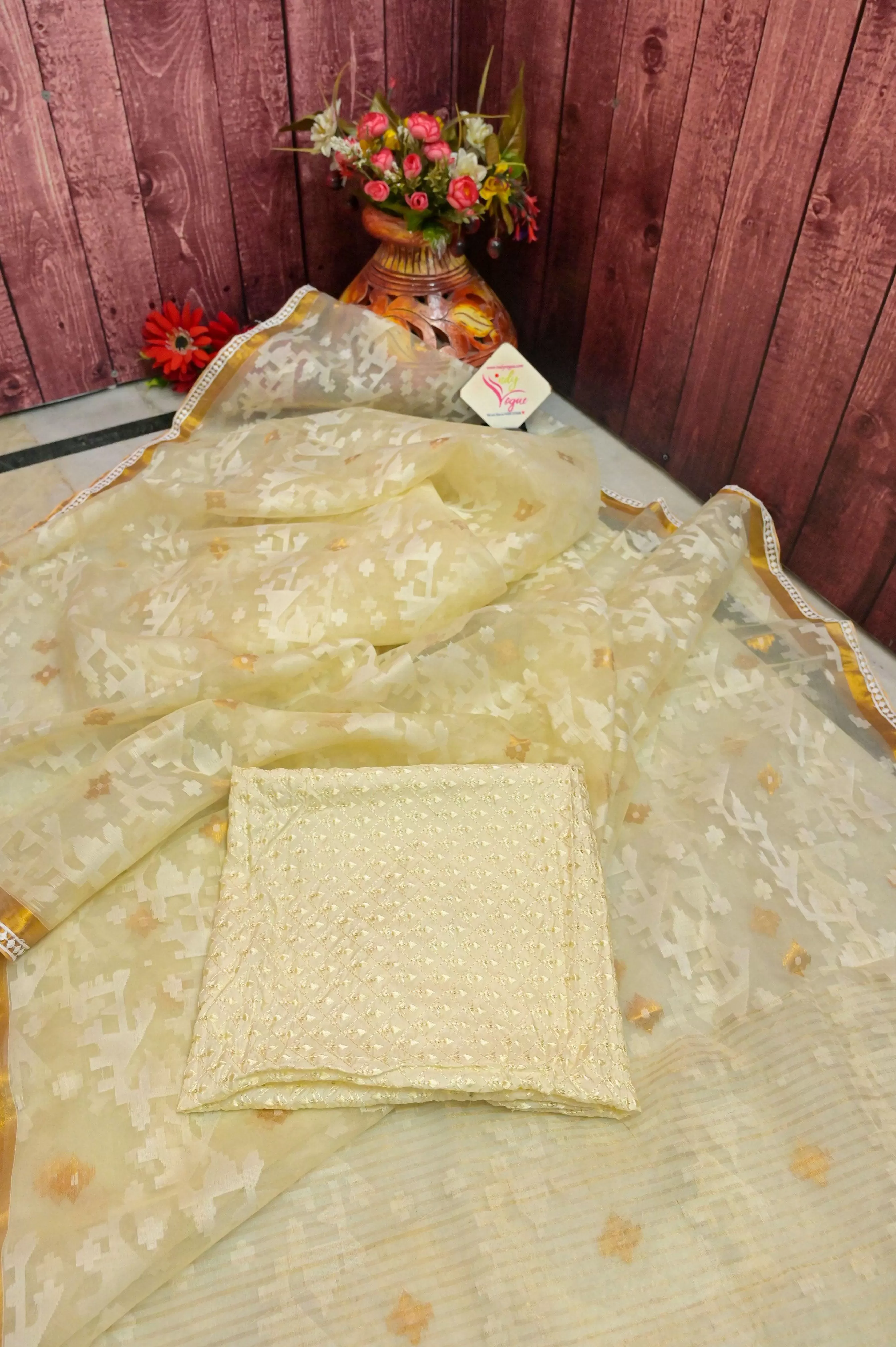 Cream Yellow Color Jamdani Saree with Zari and Lace Work