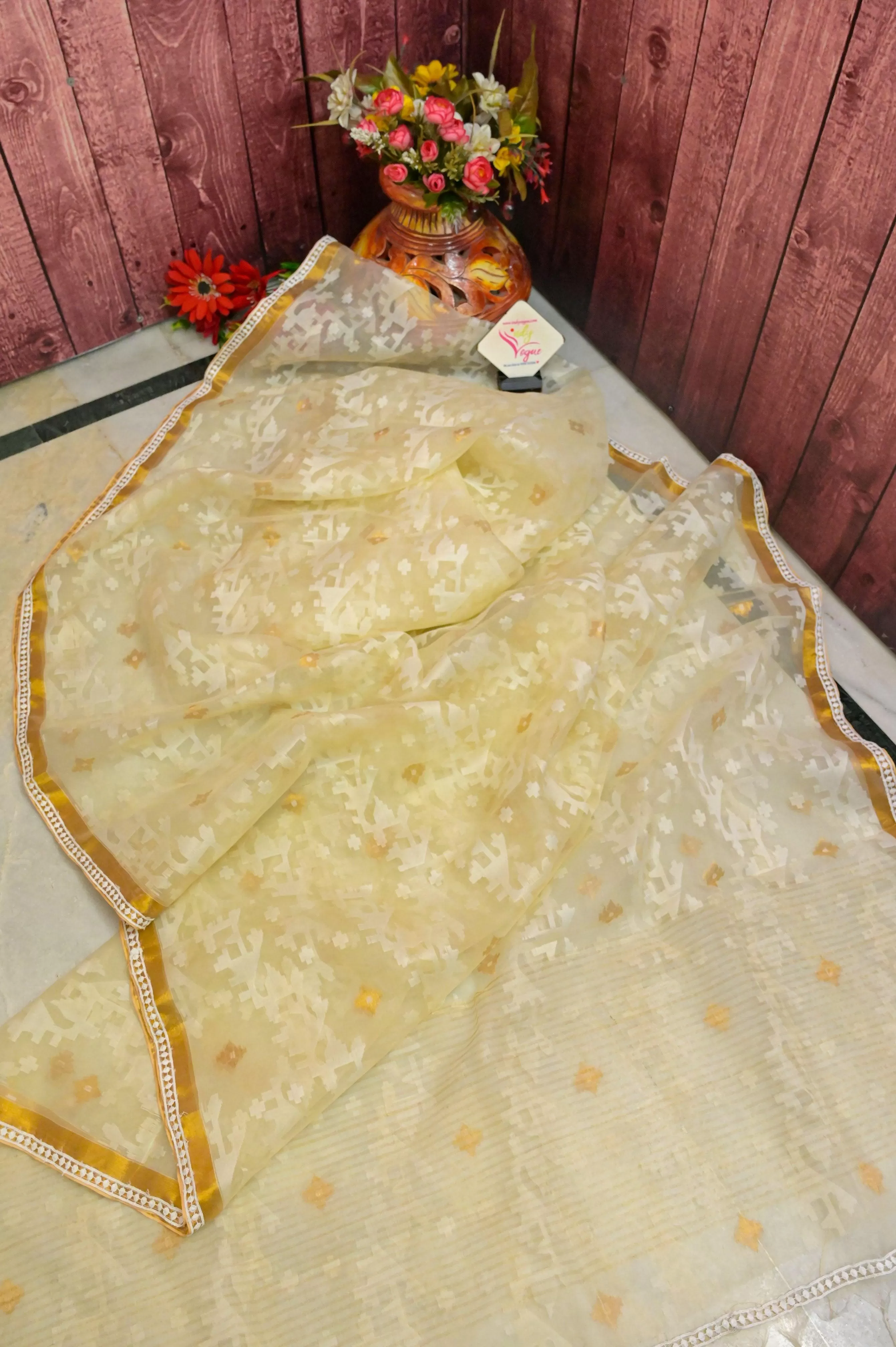 Cream Yellow Color Jamdani Saree with Zari and Lace Work