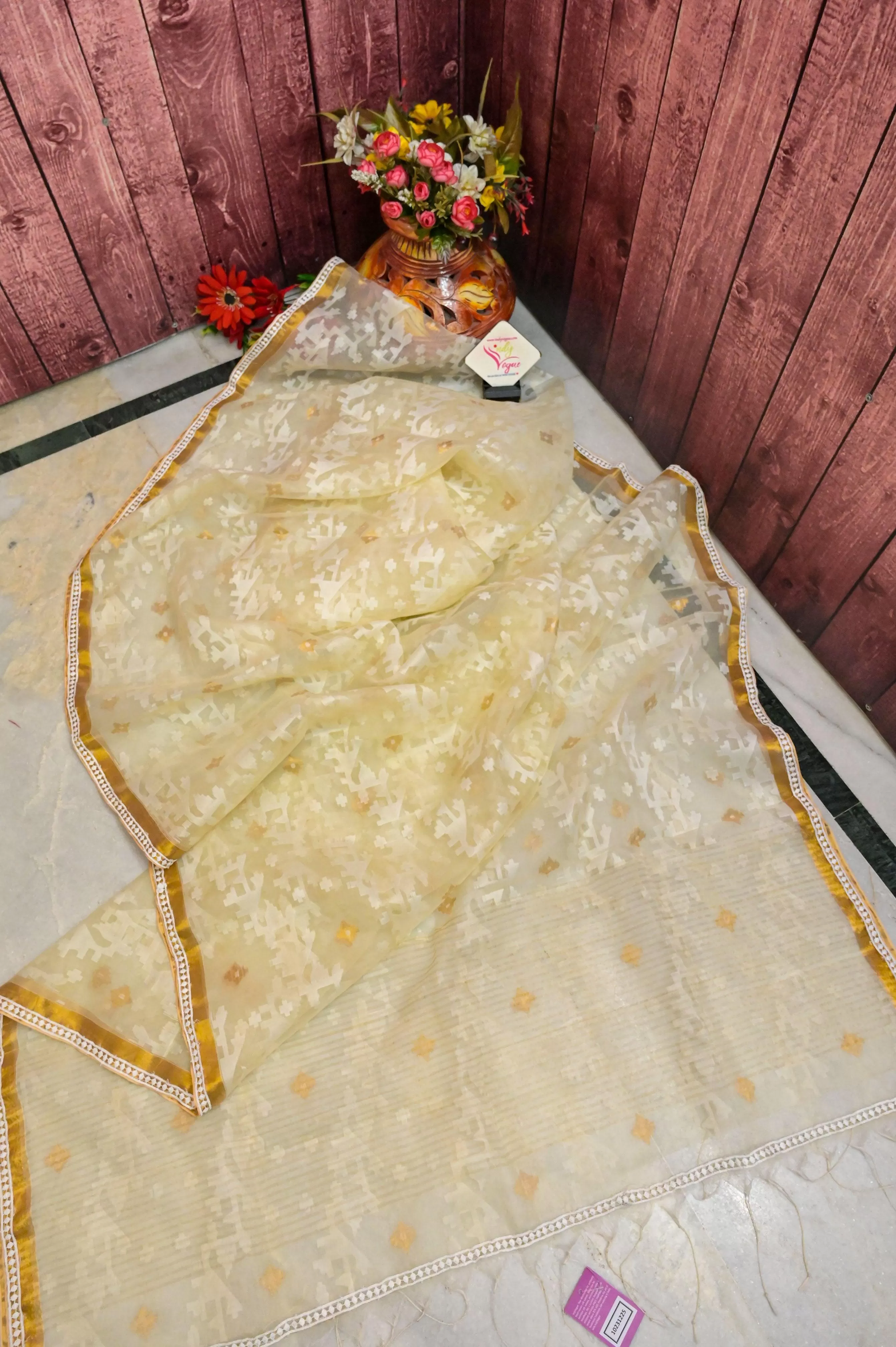 Cream Yellow Color Jamdani Saree with Zari and Lace Work