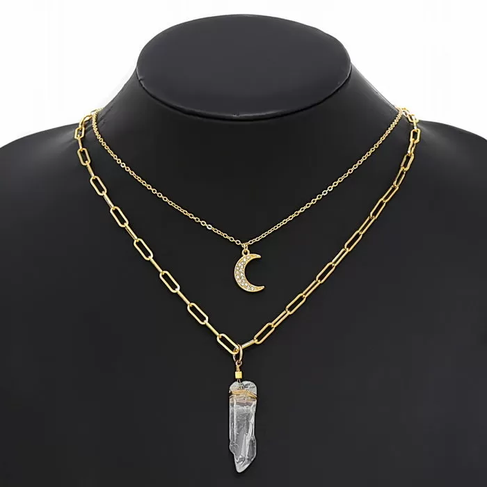 Crecent Moon And Crystal Rock Pendant Layered Chain Necklace